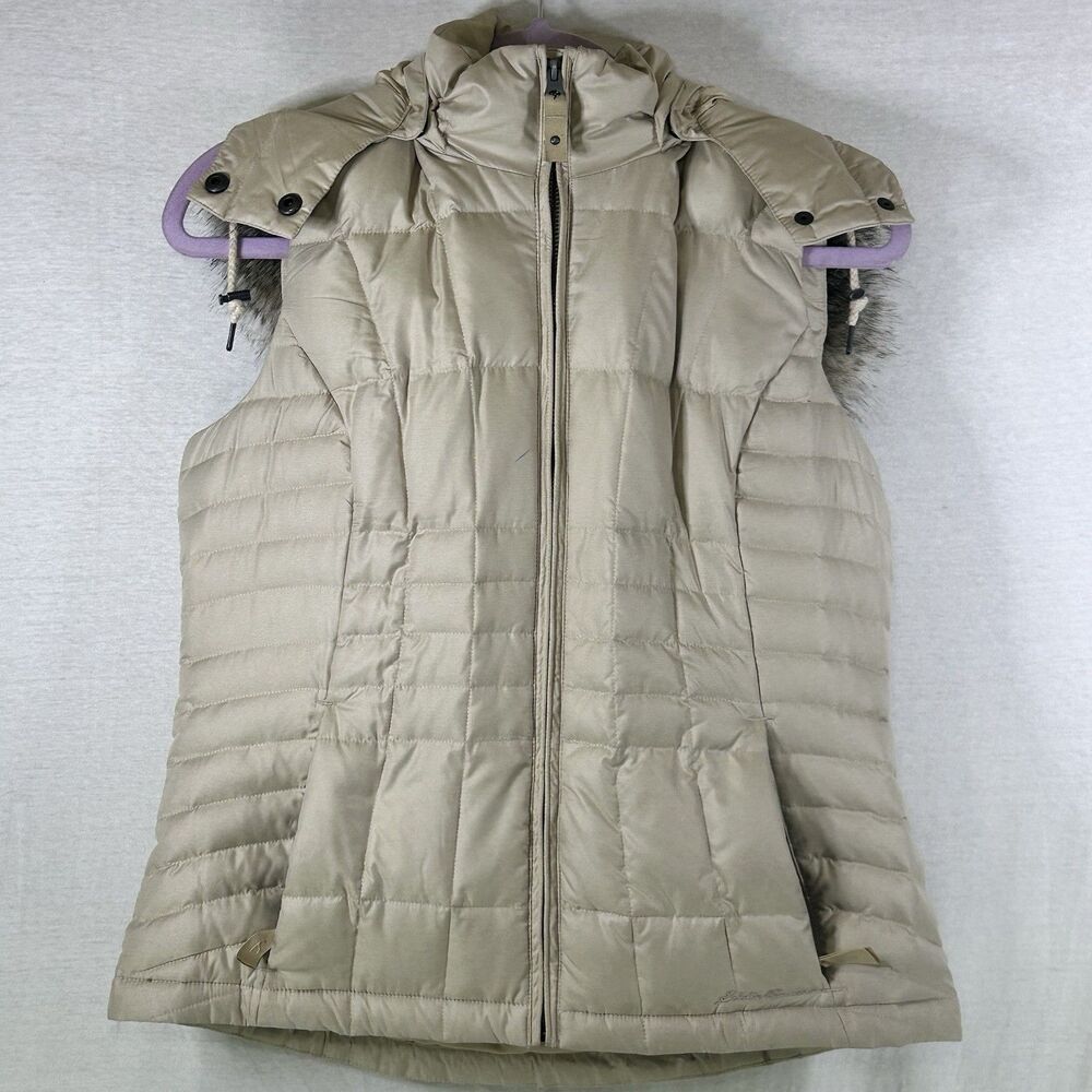 Eddie Bauer Tan‎ Hooded Goose Down Puffer Vest Women’s Size M Faux Fur